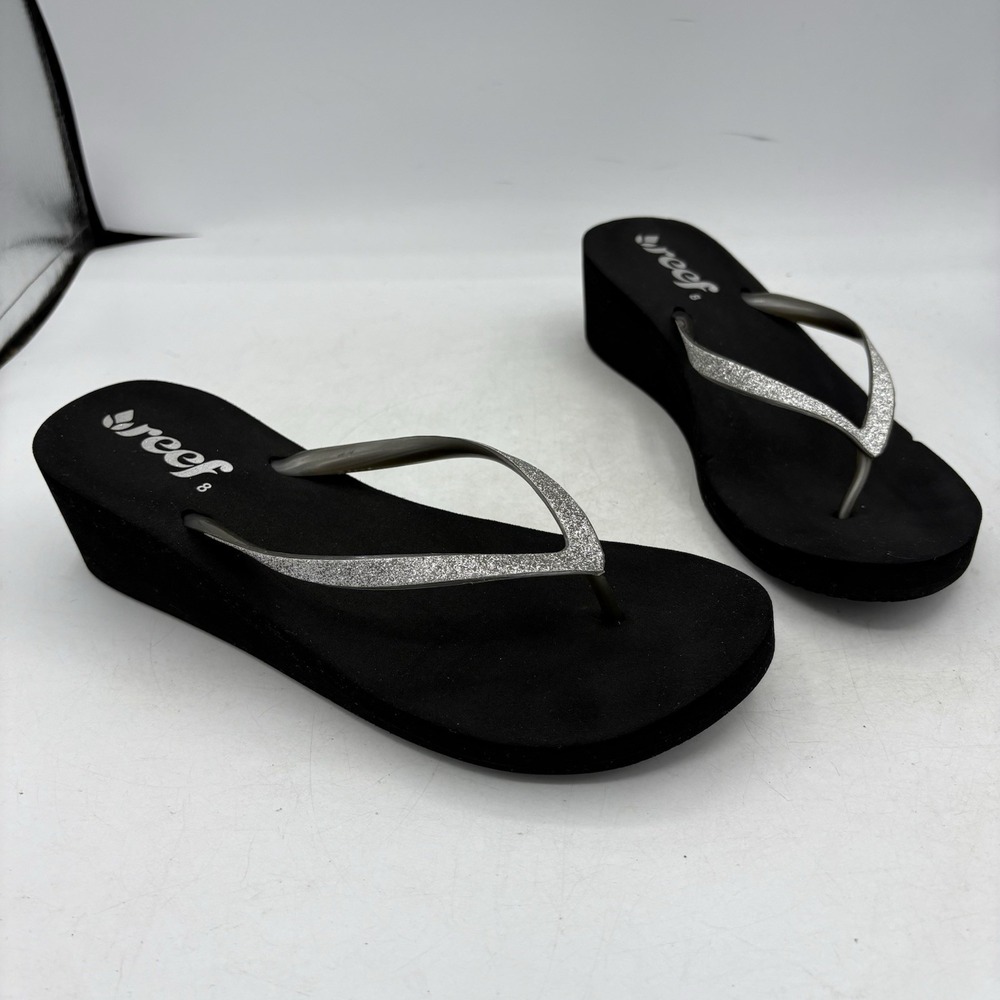 Reef Sandals Womens Size 8 Krystal Star Silver Glitter Black Wedge Flip Flop